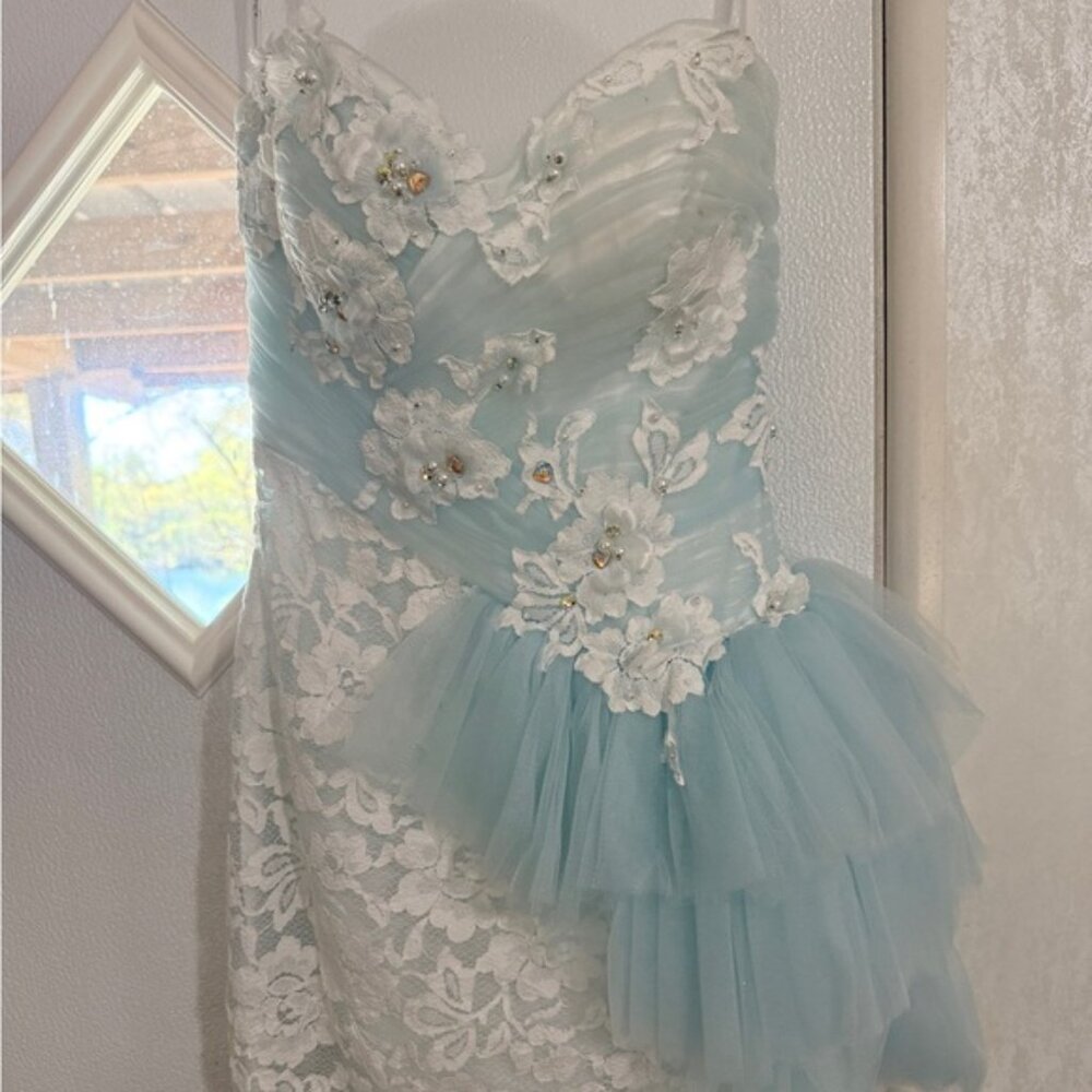 Mac Duggal Light Blue and White Floral Lace Mini Dress